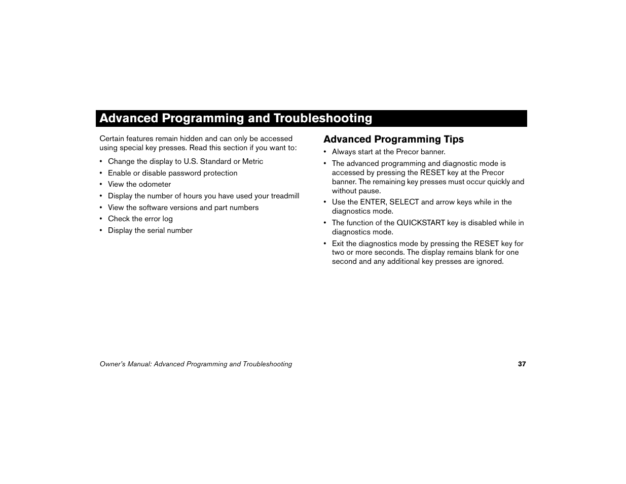 Advanced programming and troubleshooting, Advanced programming tips | Precor Low Impact M9.33 User Manual | Page 39 / 66