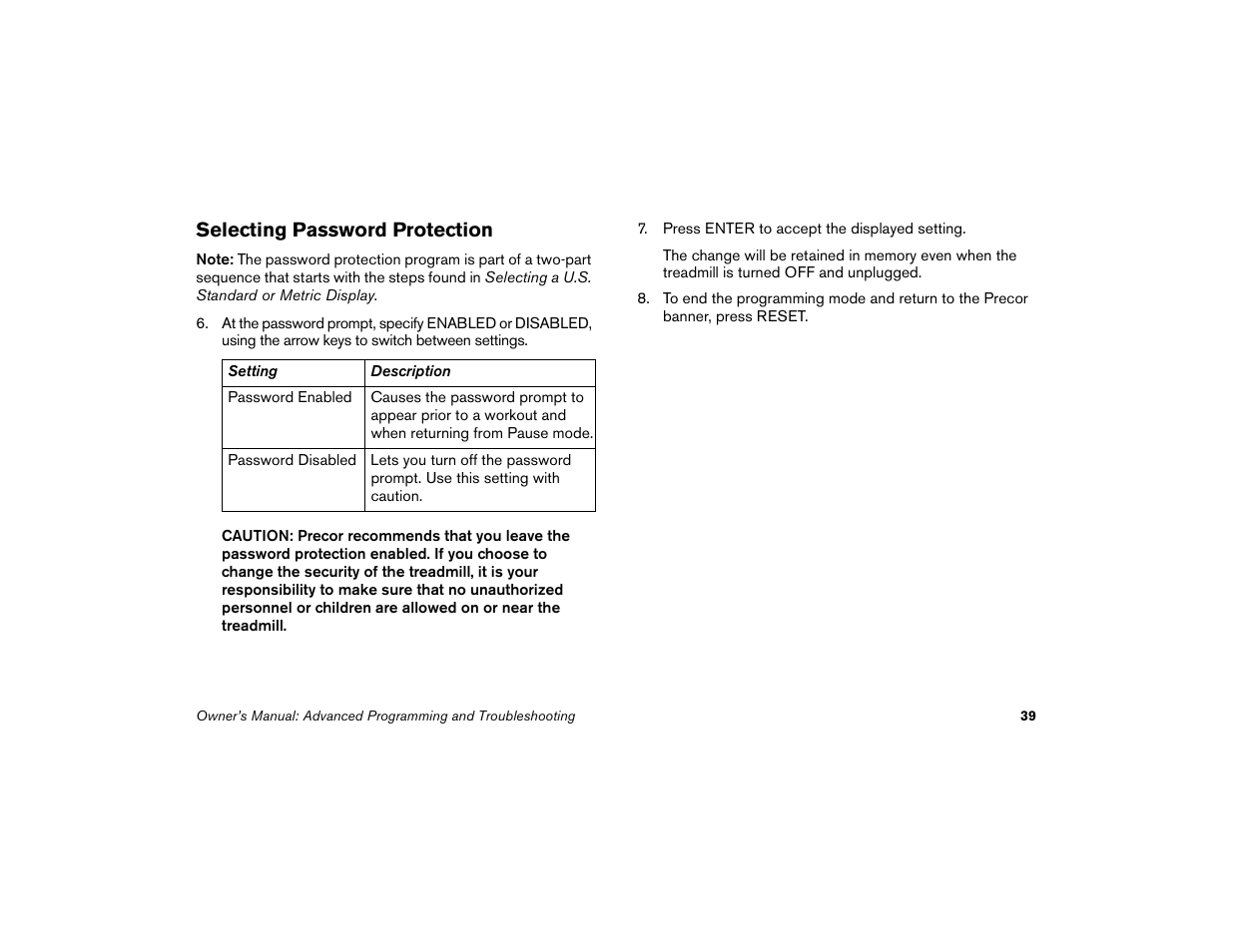 Selecting password protection | Precor Low Impact M9.33 User Manual | Page 41 / 66