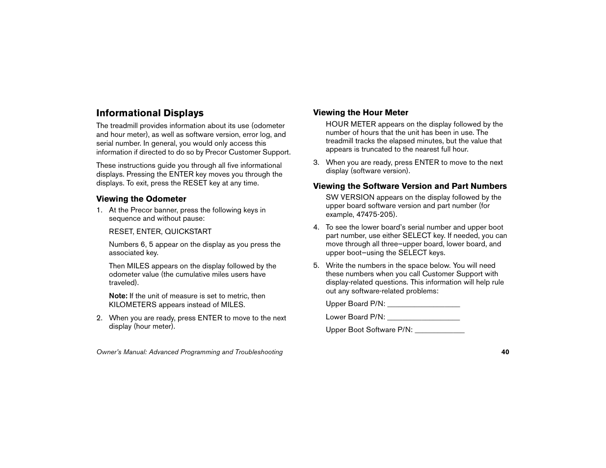 Informational displays | Precor Low Impact M9.33 User Manual | Page 42 / 66