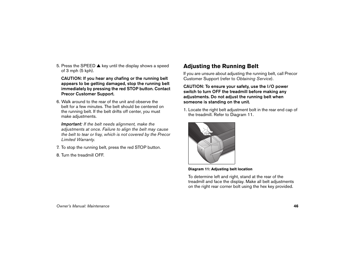 Adjusting the running belt | Precor Low Impact M9.33 User Manual | Page 48 / 66