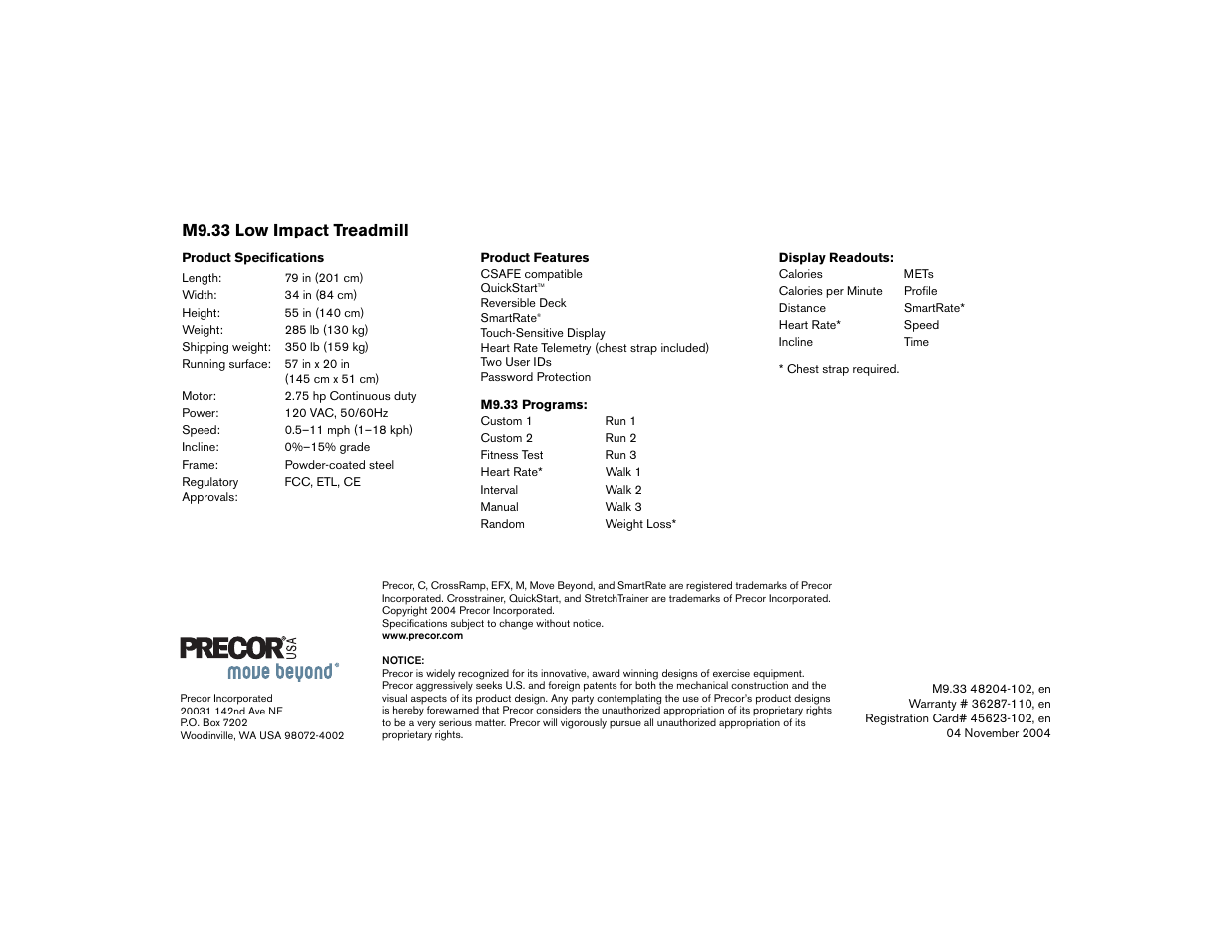 M9.33 low impact treadmill | Precor Low Impact M9.33 User Manual | Page 56 / 66