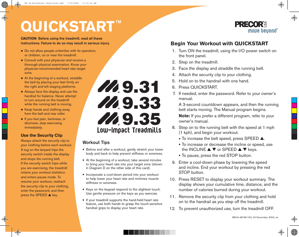 48199-102 m9.3x quickstart card, Quickstart, Begin your workout with quickstart | Precor Low Impact M9.33 User Manual | Page 57 / 66