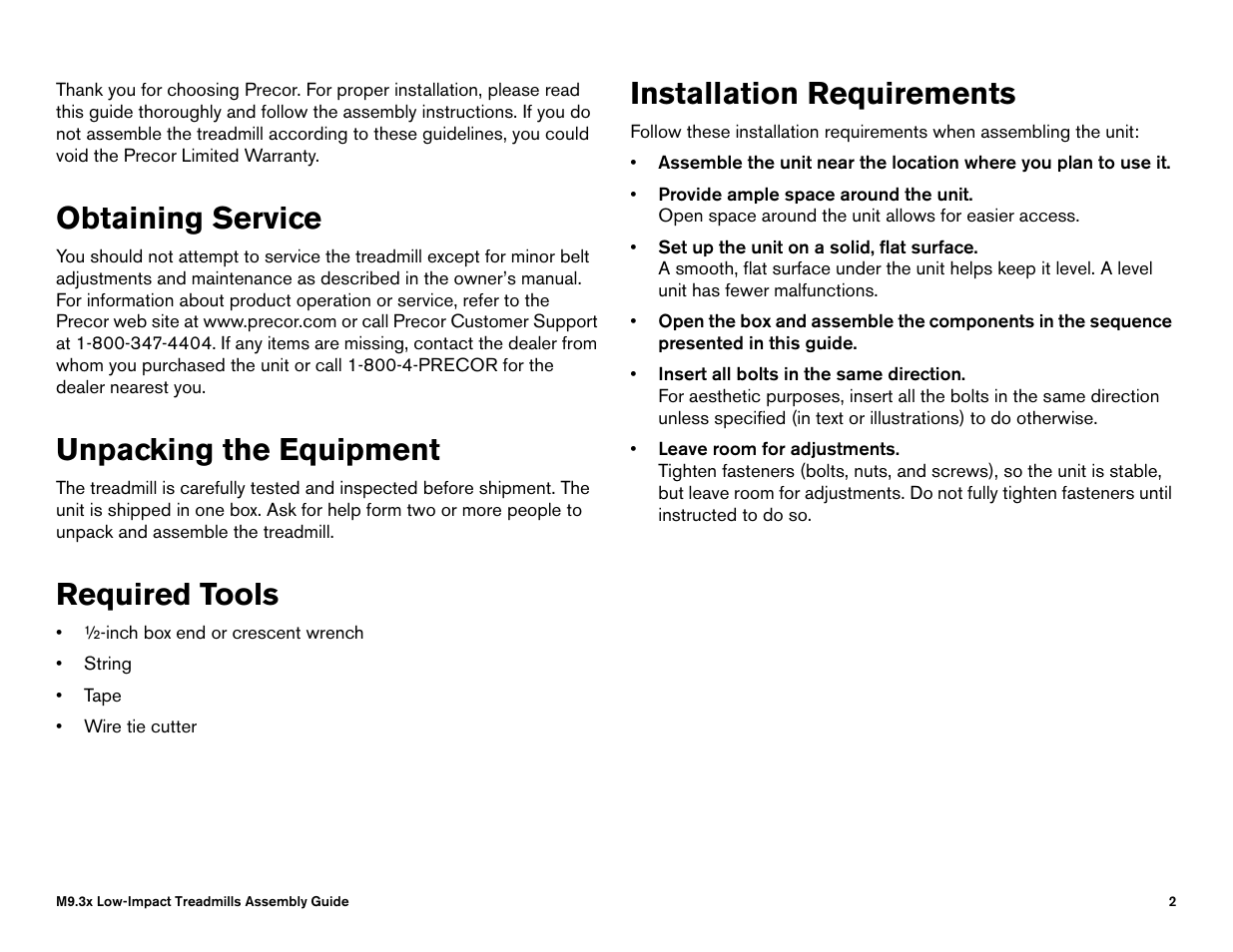 Obtaining service, Unpacking the equipment, Required tools | Installation requirements | Precor Low Impact M9.33 User Manual | Page 60 / 66