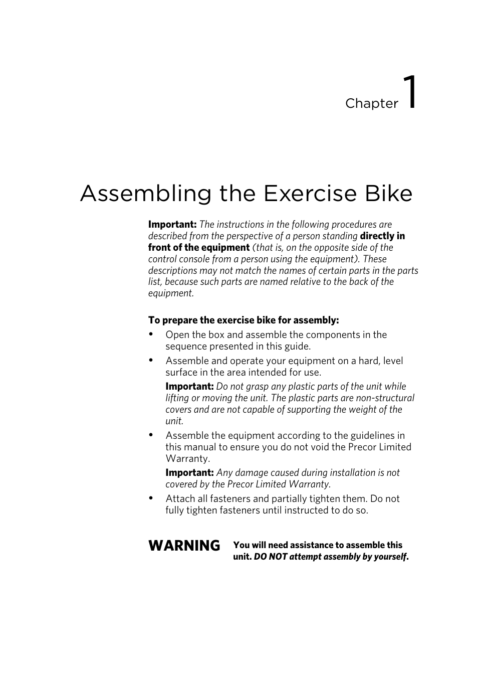 Assembling the exercise bike, Warning | Precor RBK 815 User Manual | Page 13 / 88