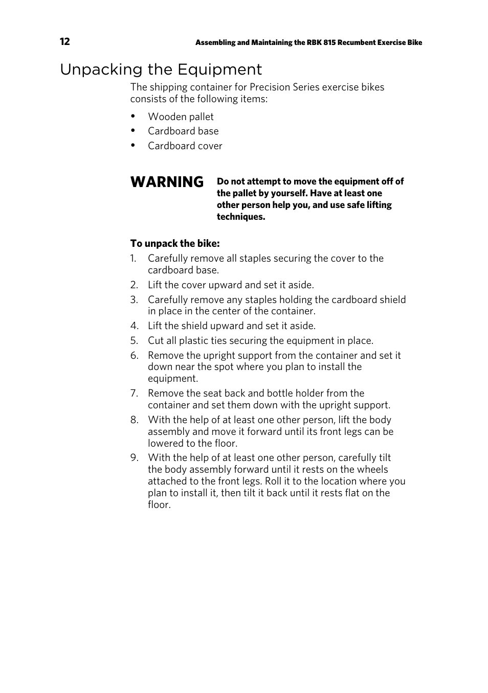 Unpacking the equipment, Warning | Precor RBK 815 User Manual | Page 14 / 88