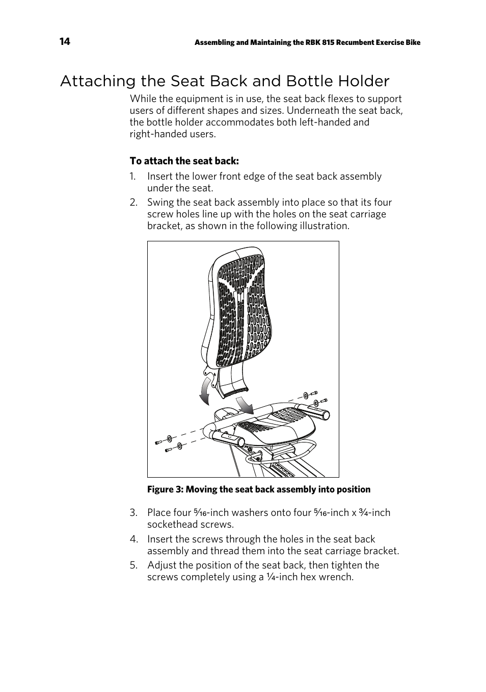 Attaching the seat back and bottle holder | Precor RBK 815 User Manual | Page 16 / 88
