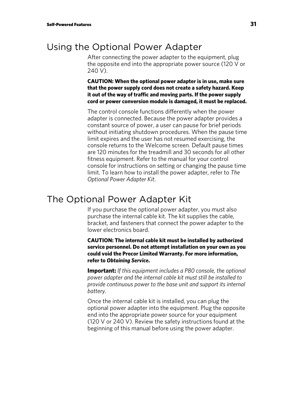 Using the optional power adapter, The optional power adapter kit | Precor RBK 815 User Manual | Page 33 / 88