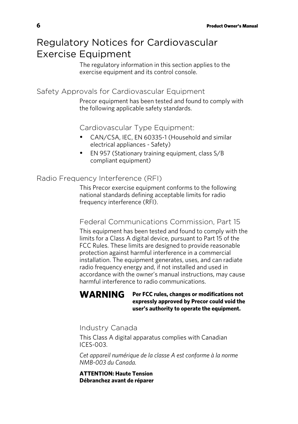 Warning | Precor RBK 815 User Manual | Page 48 / 88