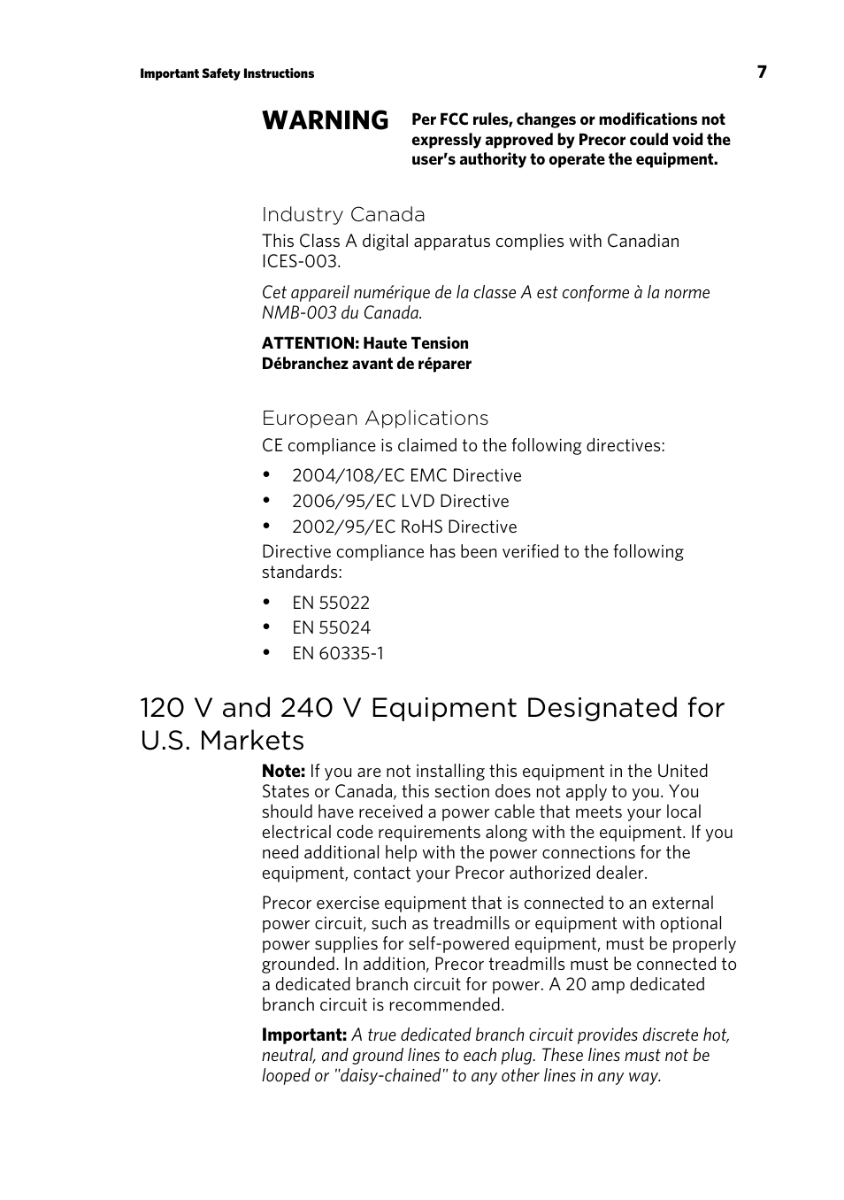 Warning | Precor RBK 815 User Manual | Page 9 / 88
