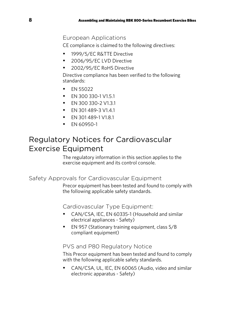 Safety approvals for cardiovascular equipment | Precor RECUMBENT RBK 800 User Manual | Page 10 / 100