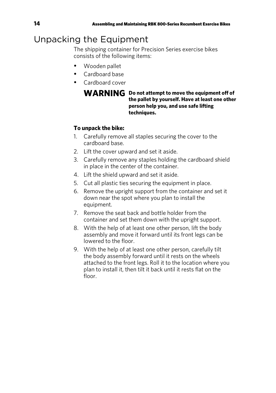 Unpacking the equipment, Warning | Precor RECUMBENT RBK 800 User Manual | Page 16 / 100