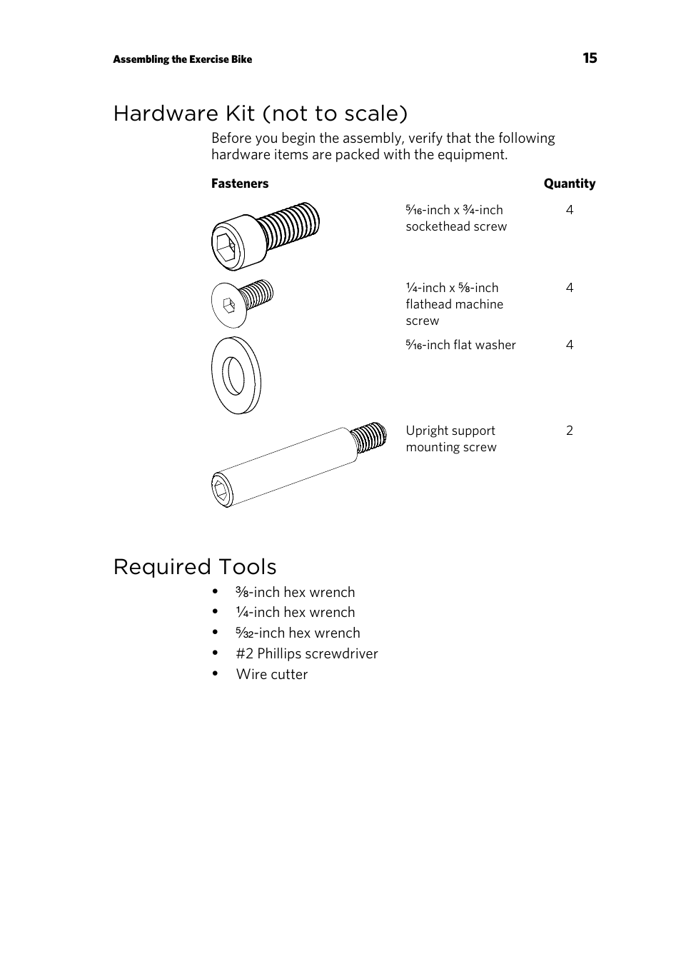 Hardware kit (not to scale), Required tools | Precor RECUMBENT RBK 800 User Manual | Page 17 / 100