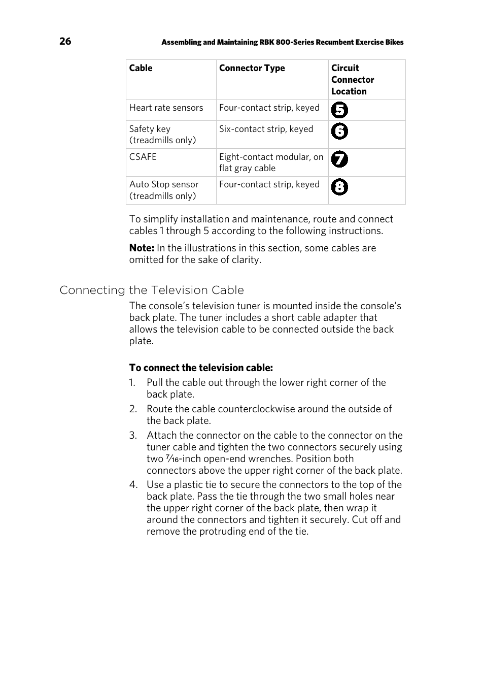 Connecting the television cable | Precor RECUMBENT RBK 800 User Manual | Page 28 / 100