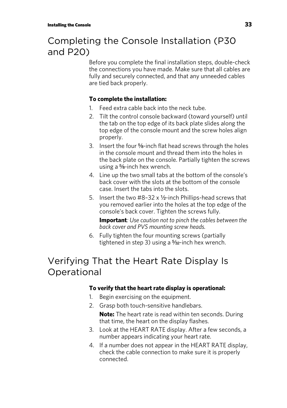 Completing the console installation (p30 and p20) | Precor RECUMBENT RBK 800 User Manual | Page 35 / 100