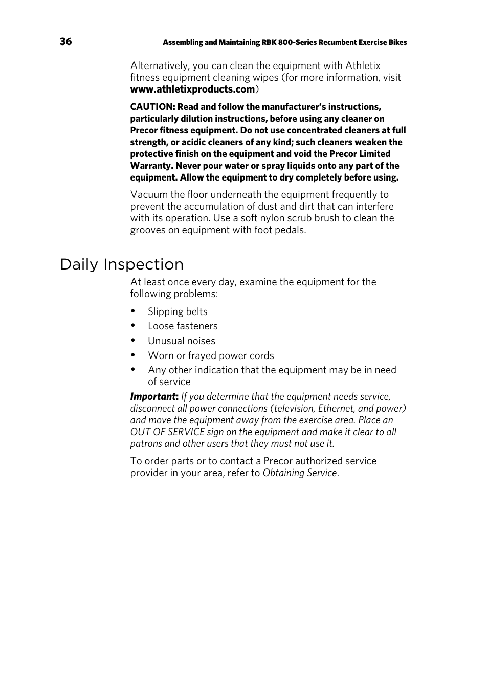 Daily inspection | Precor RECUMBENT RBK 800 User Manual | Page 38 / 100