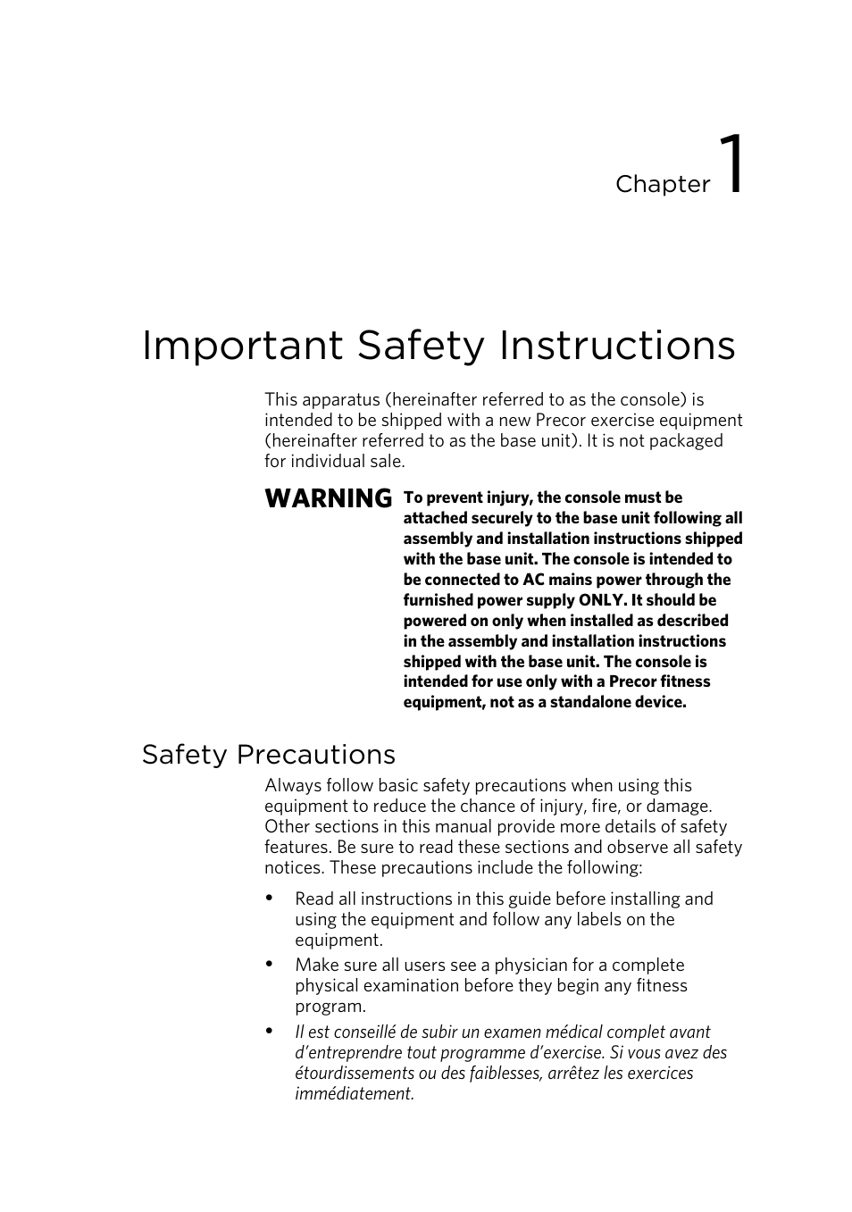 Important safety instructions, Safety precautions, Warning | Precor RECUMBENT RBK 800 User Manual | Page 57 / 100