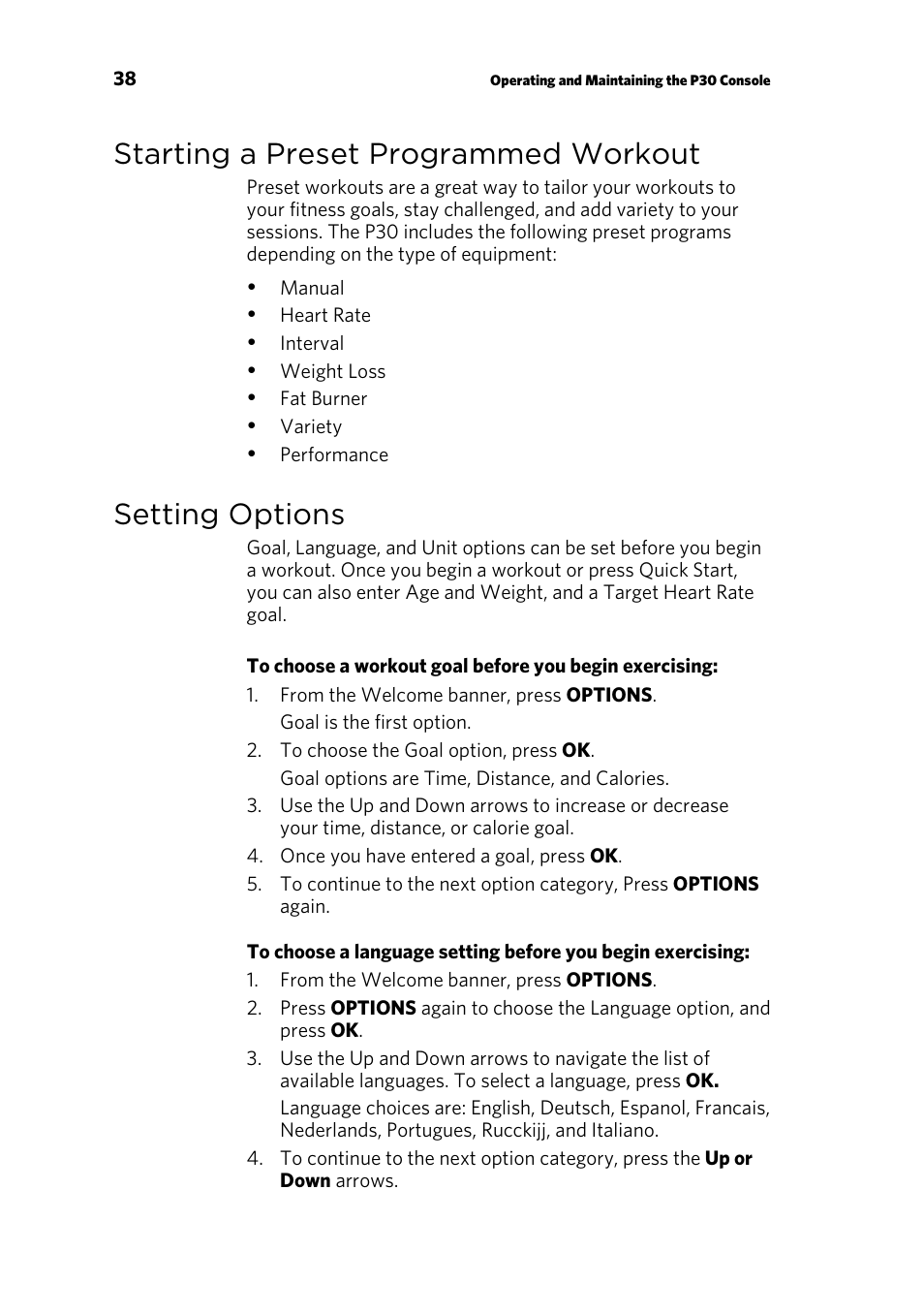 Starting a preset programmed workout, Setting options | Precor RECUMBENT RBK 800 User Manual | Page 92 / 100