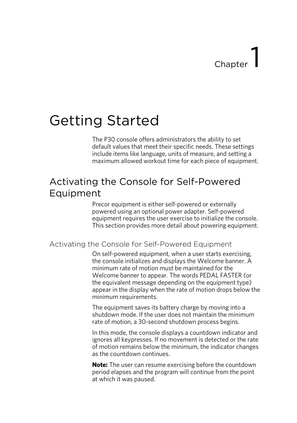 Getting started, Activating the console for self-powered equipment | Precor P30 User Manual | Page 15 / 104