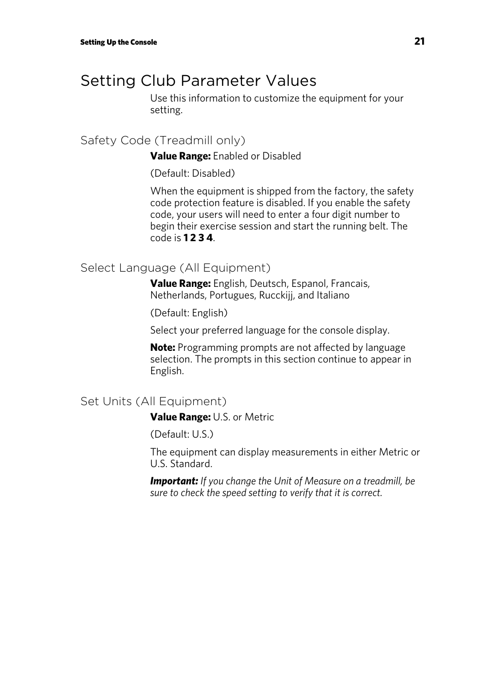 Setting club parameter values, Safety code (treadmill only), Select language (all equipment) | Set units (all equipment) | Precor P30 User Manual | Page 23 / 104