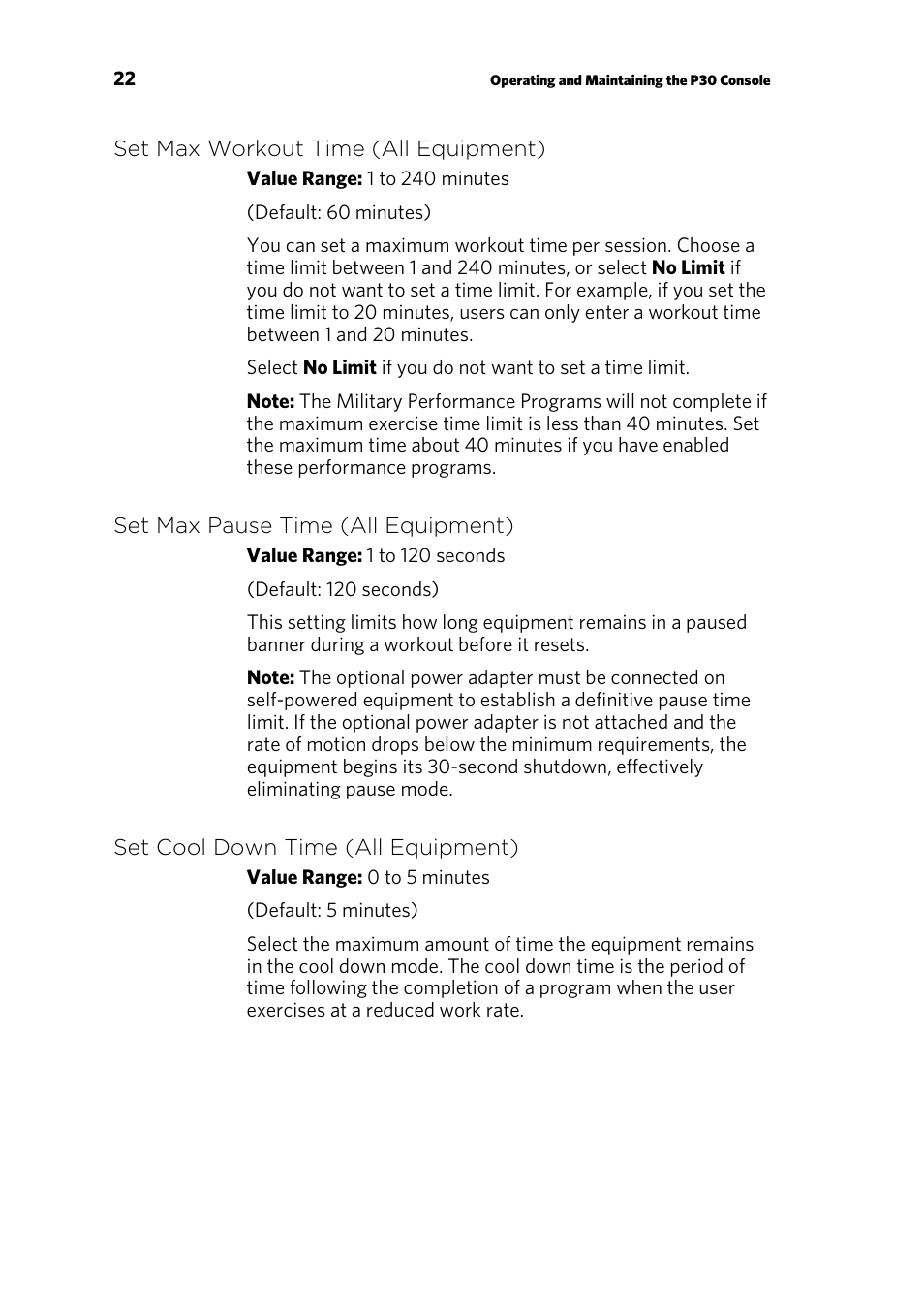 Set max workout time (all equipment), Set max pause time (all equipment), Set cool down time (all equipment) | Precor P30 User Manual | Page 24 / 104