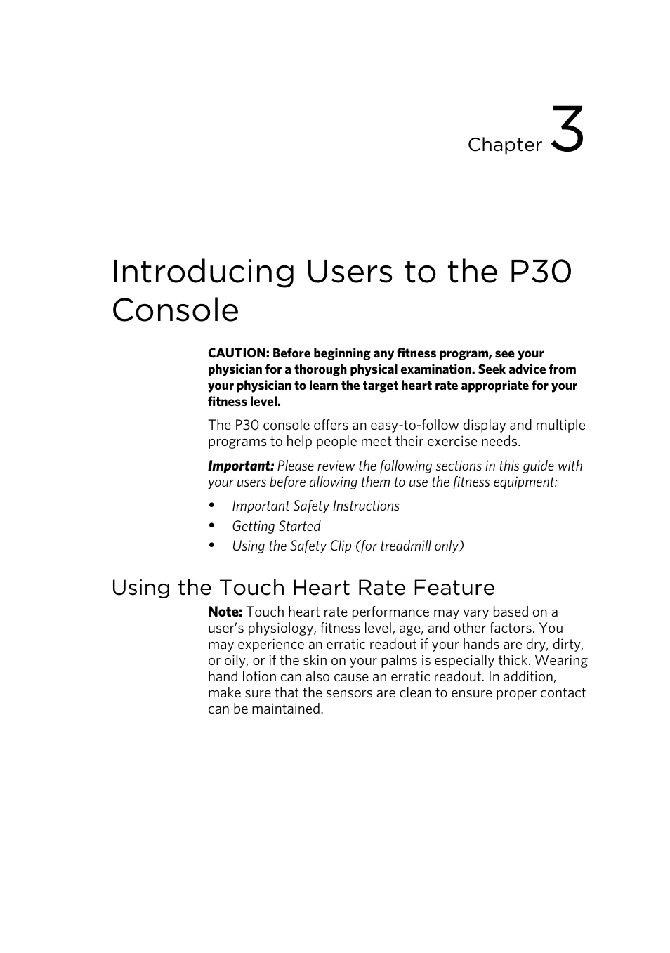 Introducing users to the p30 console, Using the touch heart rate feature | Precor P30 User Manual | Page 33 / 104