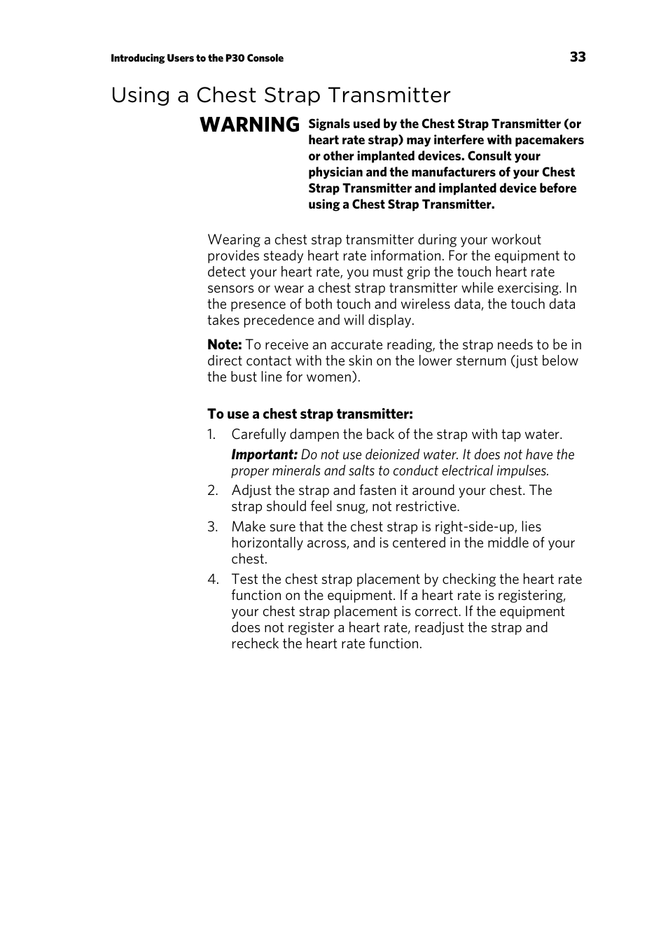 Using a chest strap transmitter, Using the treadmill safety clip, Using a chest strap transmitter warning | Precor P30 User Manual | Page 35 / 104