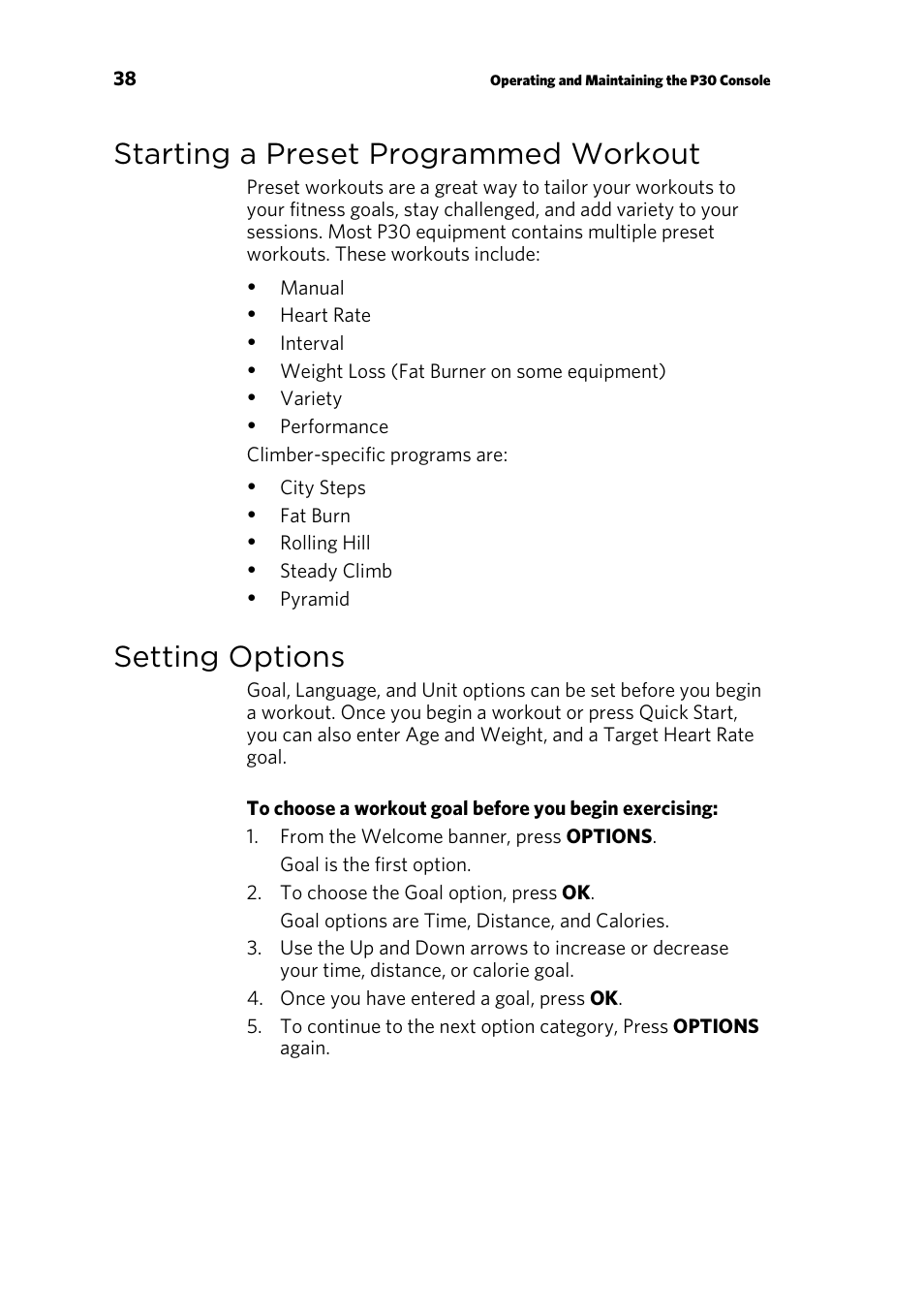 Starting a preset programmed workout, Setting options | Precor P30 User Manual | Page 40 / 104