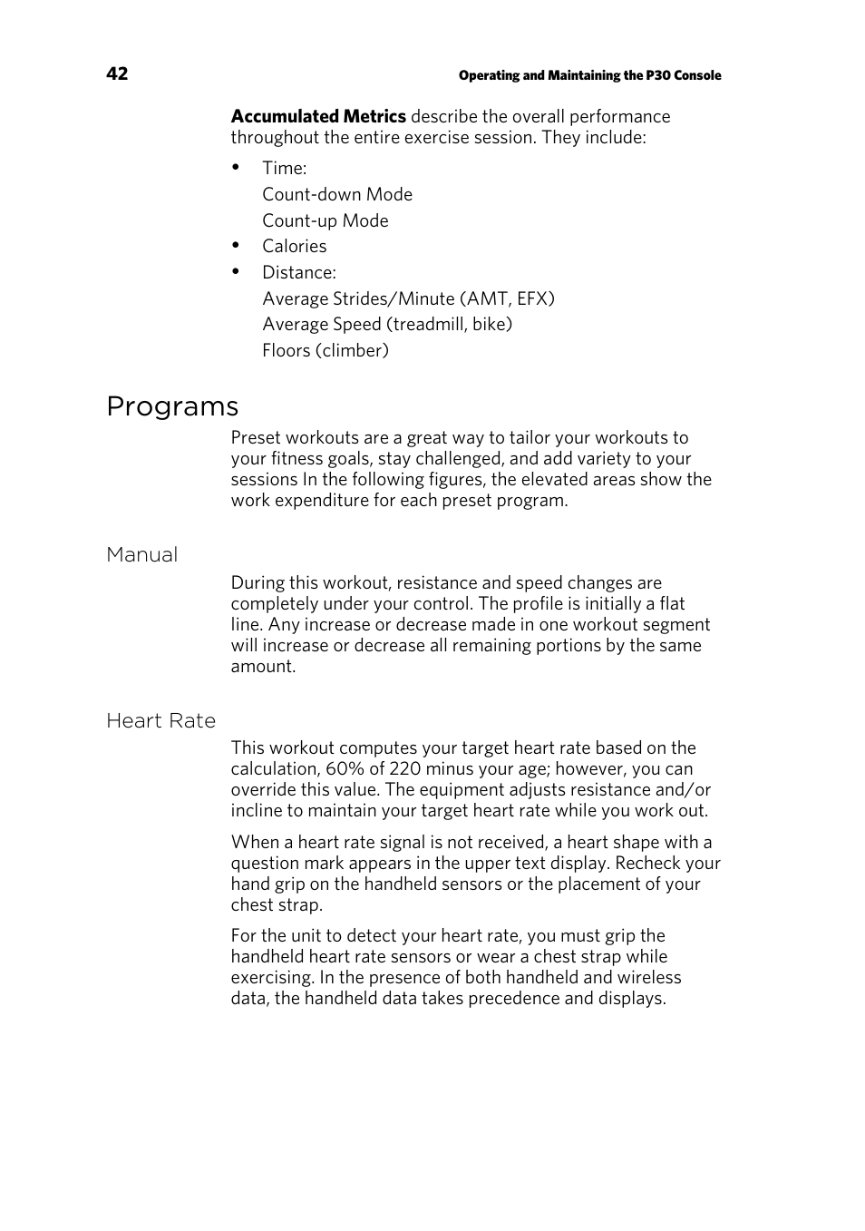 Programs, Manual, Heart rate | Precor P30 User Manual | Page 44 / 104