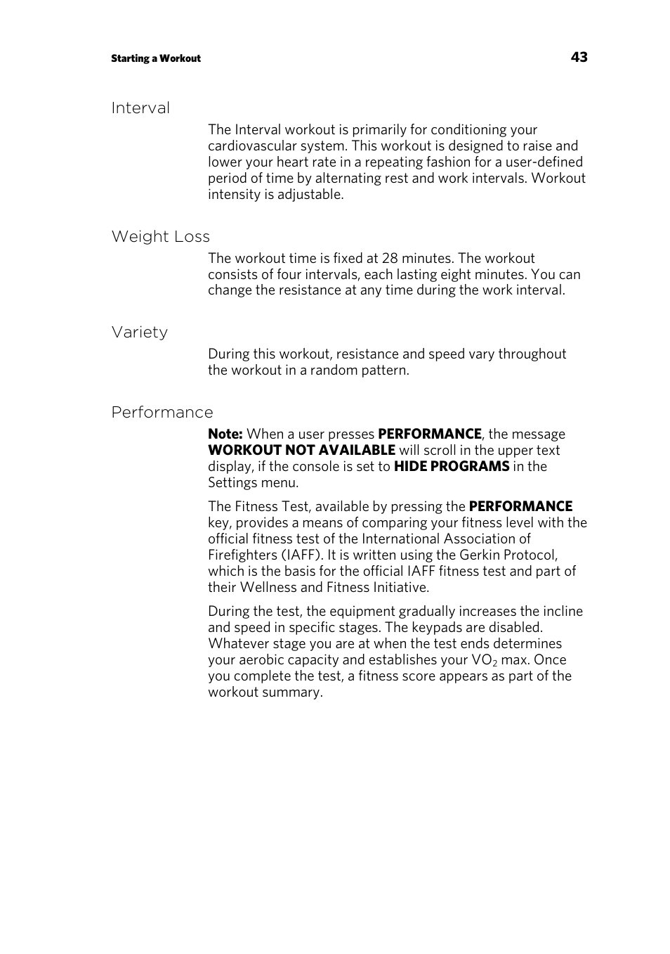 Interval, Weight loss, Variety | Performance | Precor P30 User Manual | Page 45 / 104