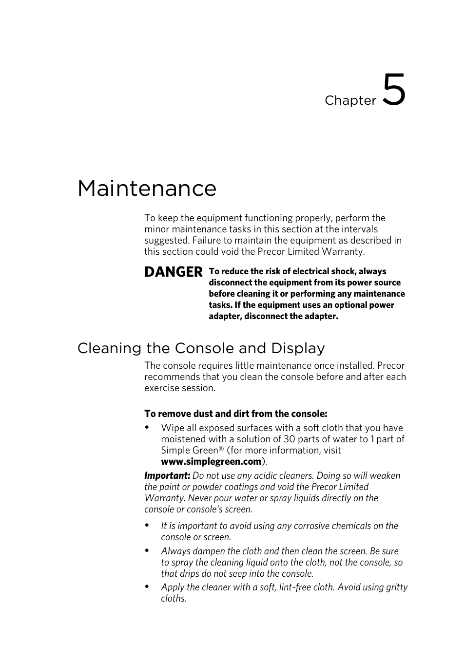 Maintenance, Cleaning the console and display | Precor P30 User Manual | Page 47 / 104