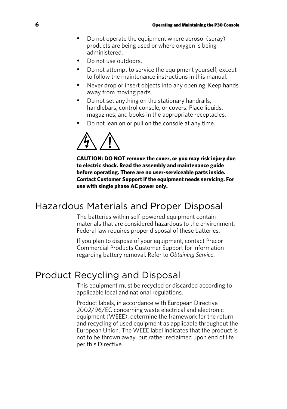Hazardous materials and proper disposal, Product recycling and disposal | Precor P30 User Manual | Page 8 / 104