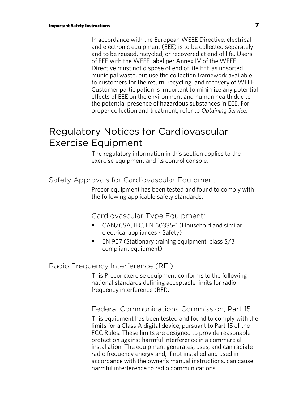 Safety approvals for cardiovascular equipment, Radio frequency interference (rfi) | Precor P30 User Manual | Page 9 / 104