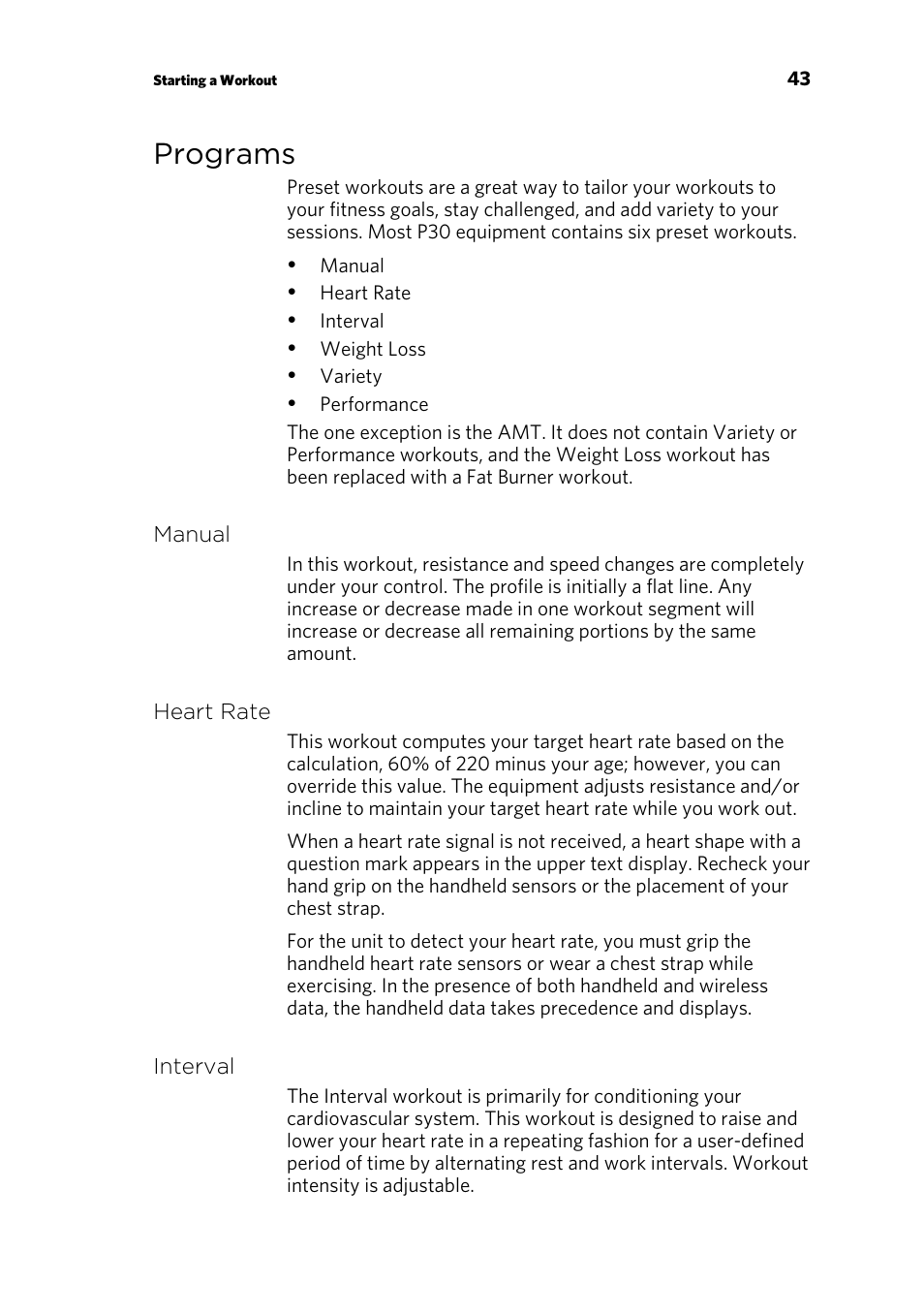 Programs, Manual, Heart rate | Interval | Precor ELLIPTICAL FITNESS CROSSTRAINERS EFX 835 User Manual | Page 101 / 104