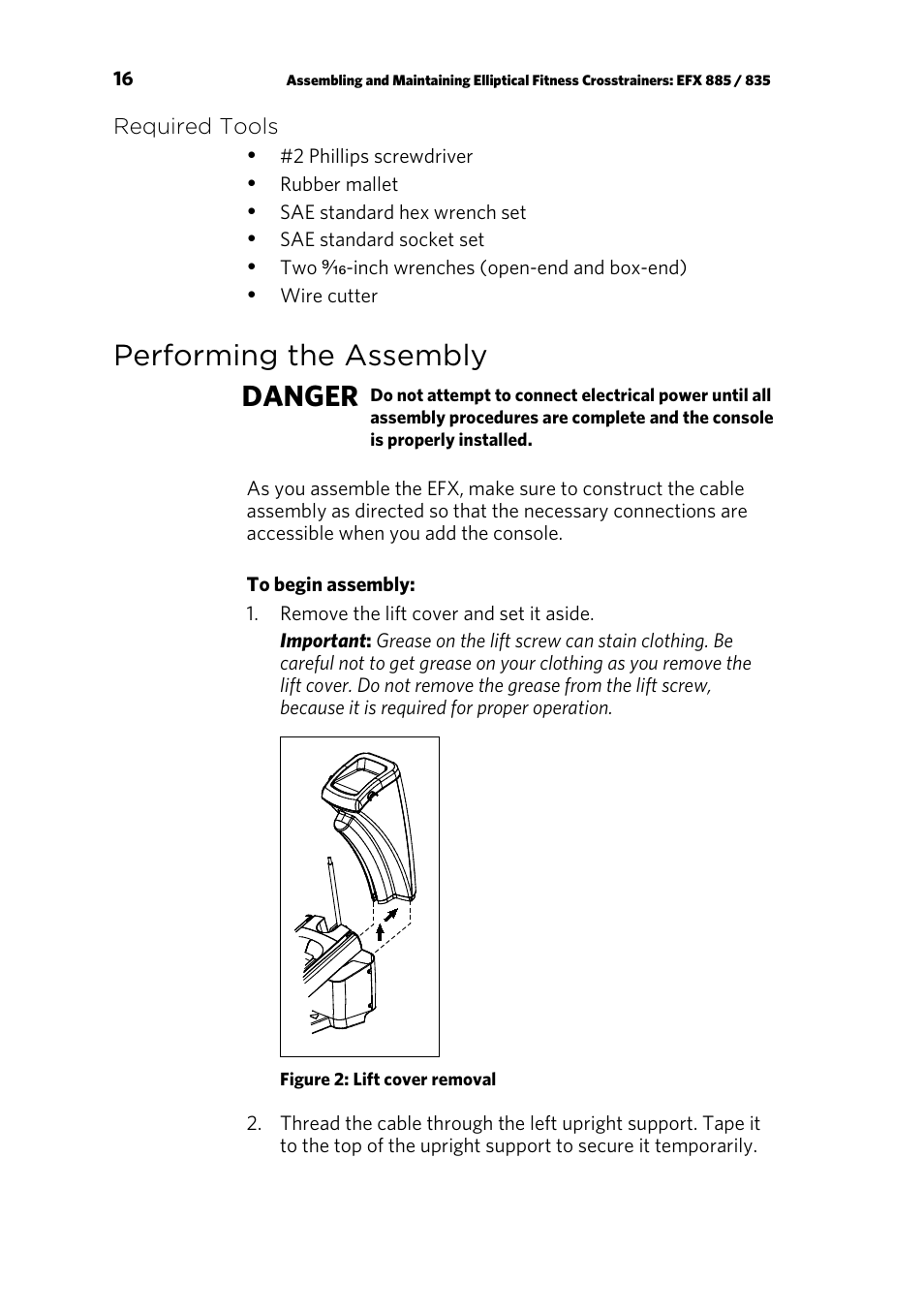 Required tools, Performing the assembly, Performing the assembly danger | Precor ELLIPTICAL FITNESS CROSSTRAINERS EFX 835 User Manual | Page 18 / 104