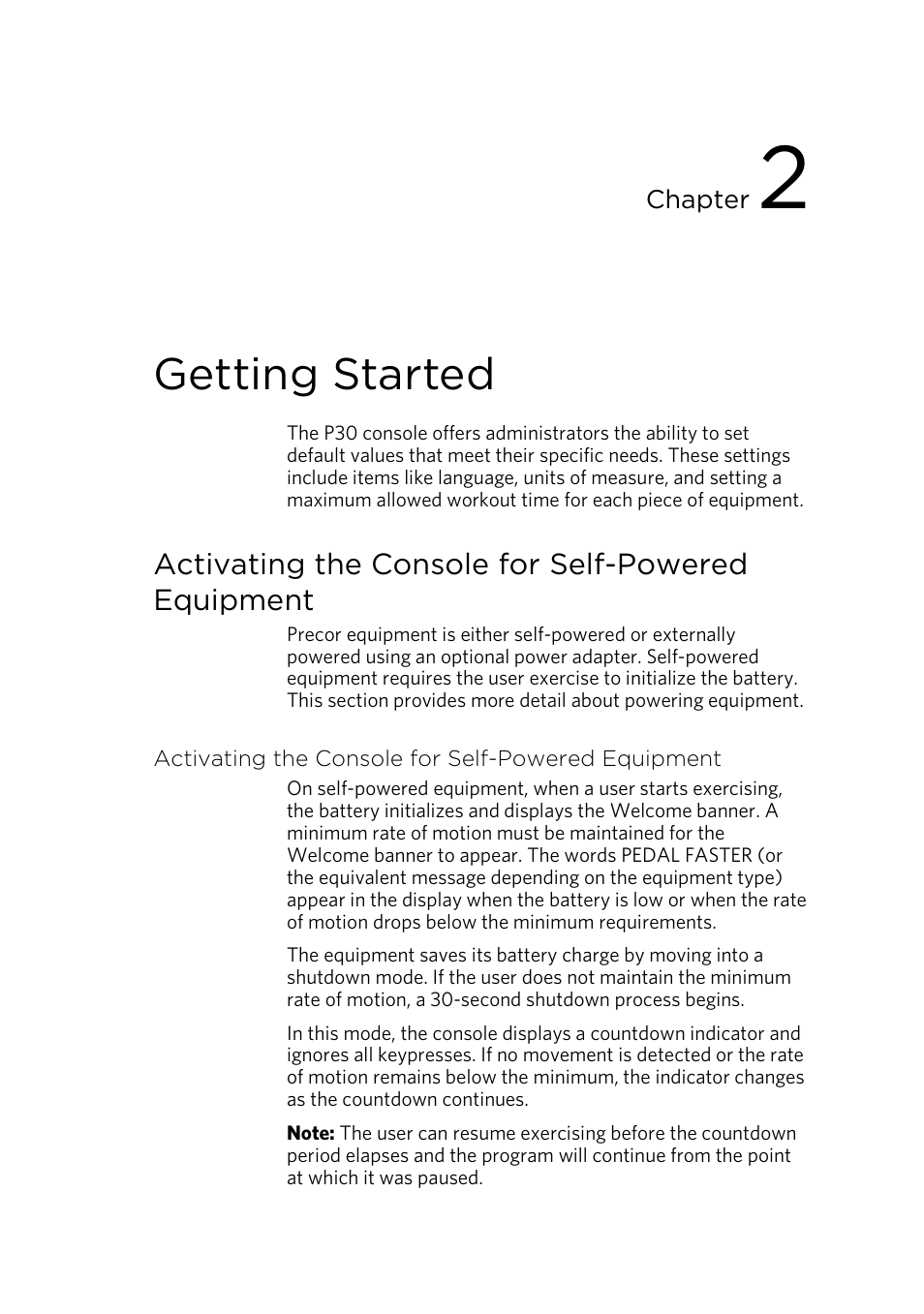 Getting started, Activating the console for self-powered equipment | Precor ELLIPTICAL FITNESS CROSSTRAINERS EFX 835 User Manual | Page 71 / 104