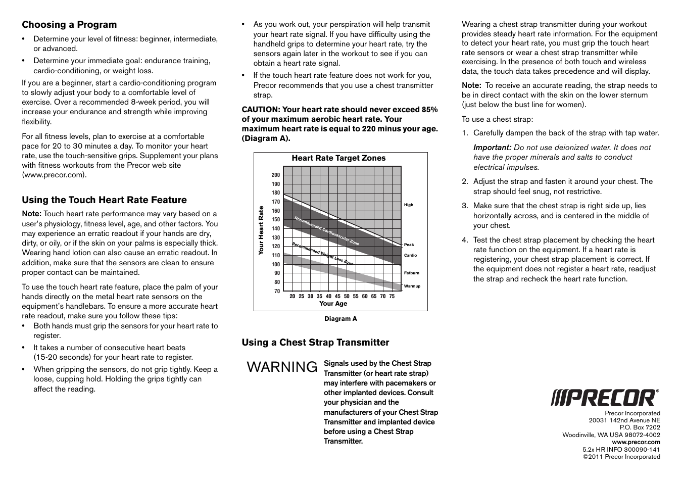 Warning, Choosing a program, Using the touch heart rate feature | Using a chest strap transmitter | Precor EFX 5.23 User Manual | Page 14 / 60