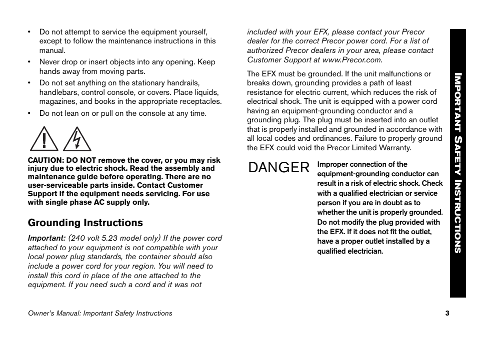 Grounding instructions, Danger | Precor EFX 5.23 User Manual | Page 19 / 60