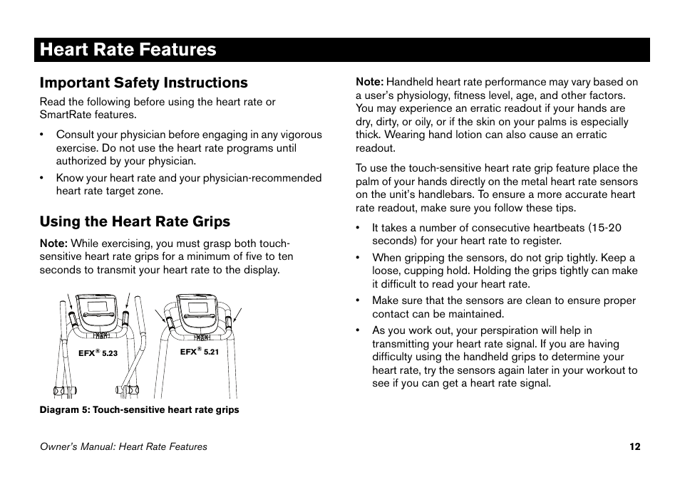Heart rate features, Important safety instructions, Using the touch-sensitive grips | Using the heart rate grips | Precor EFX 5.23 User Manual | Page 28 / 60