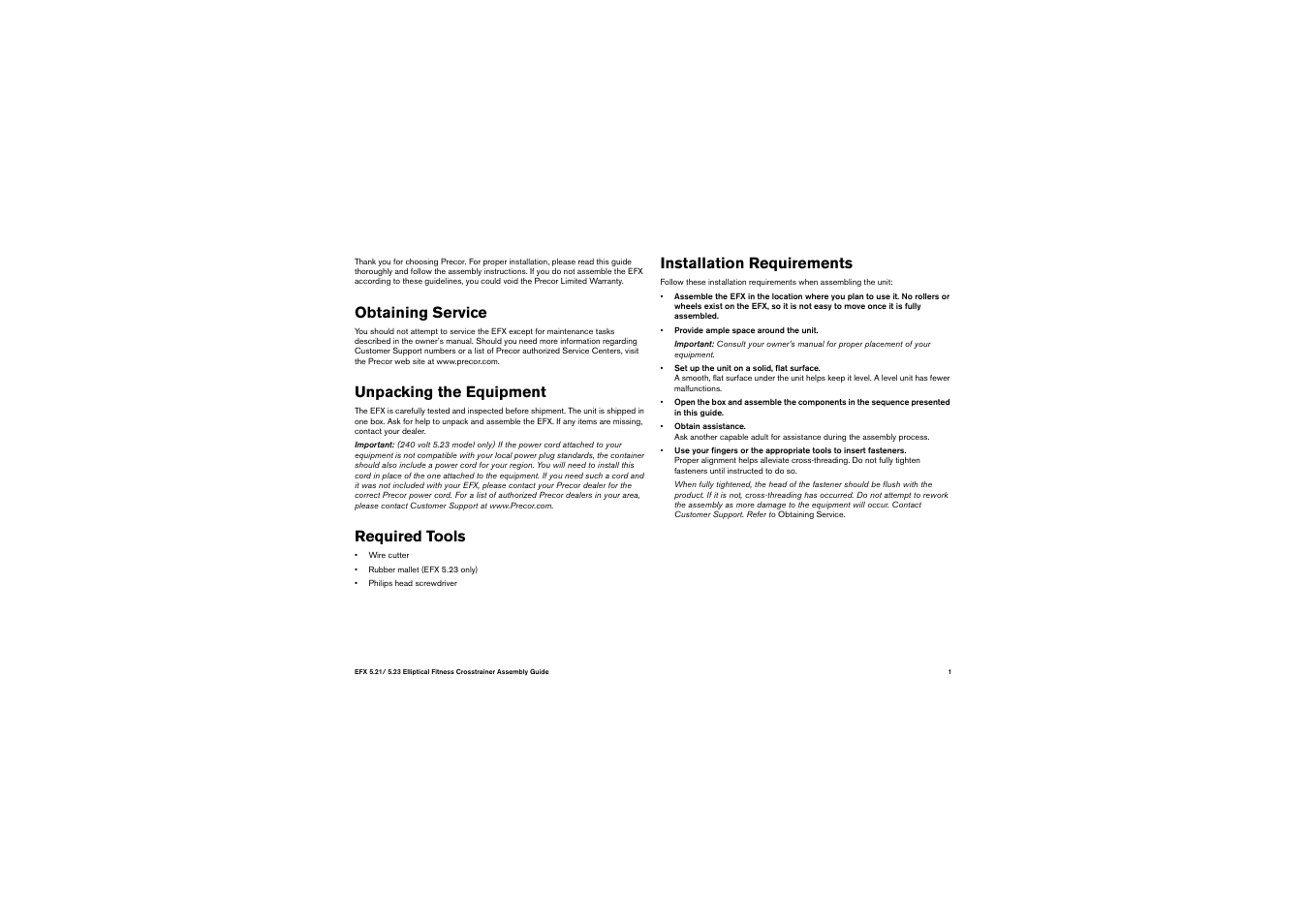 Obtaining service, Unpacking the equipment, Required tools | Installation requirements | Precor EFX 5.23 User Manual | Page 3 / 60