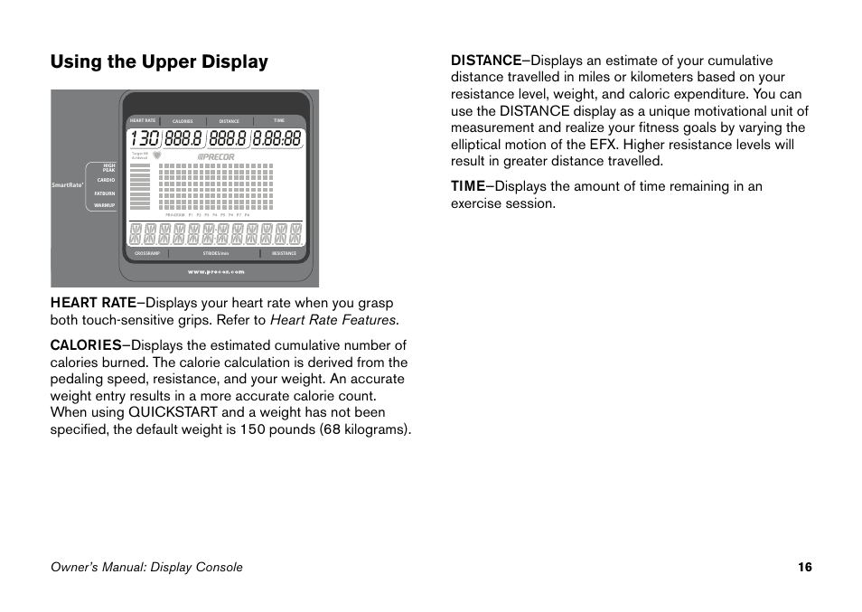Using the upper display | Precor EFX 5.23 User Manual | Page 32 / 60