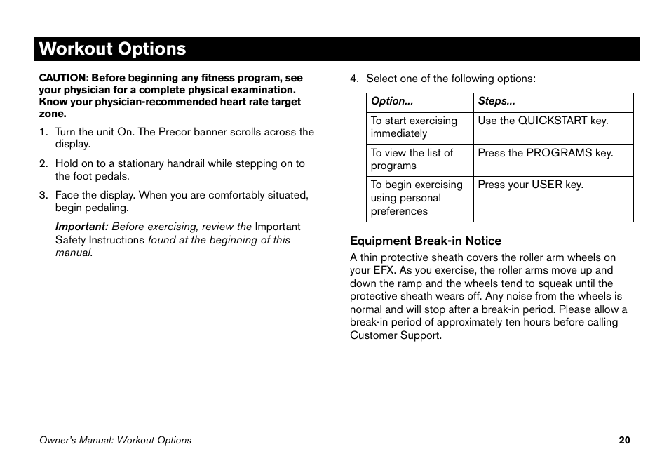 Workout options | Precor EFX 5.23 User Manual | Page 36 / 60