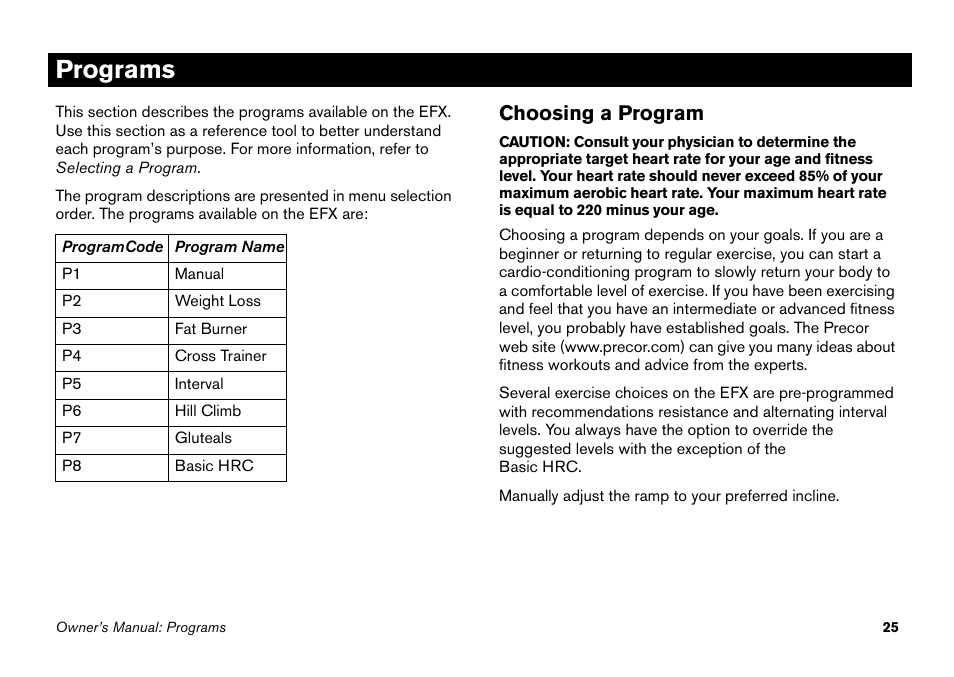 Programs, Choosing a program | Precor EFX 5.23 User Manual | Page 41 / 60