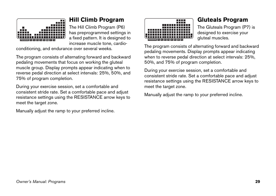 Hill climb program, Gluteals program, Hill climb program gluteals program | Precor EFX 5.23 User Manual | Page 45 / 60