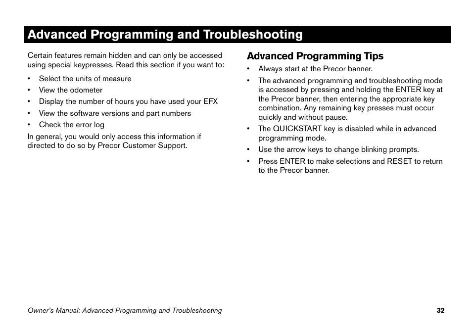Advanced programming and troubleshooting, Advanced programming tips | Precor EFX 5.23 User Manual | Page 48 / 60