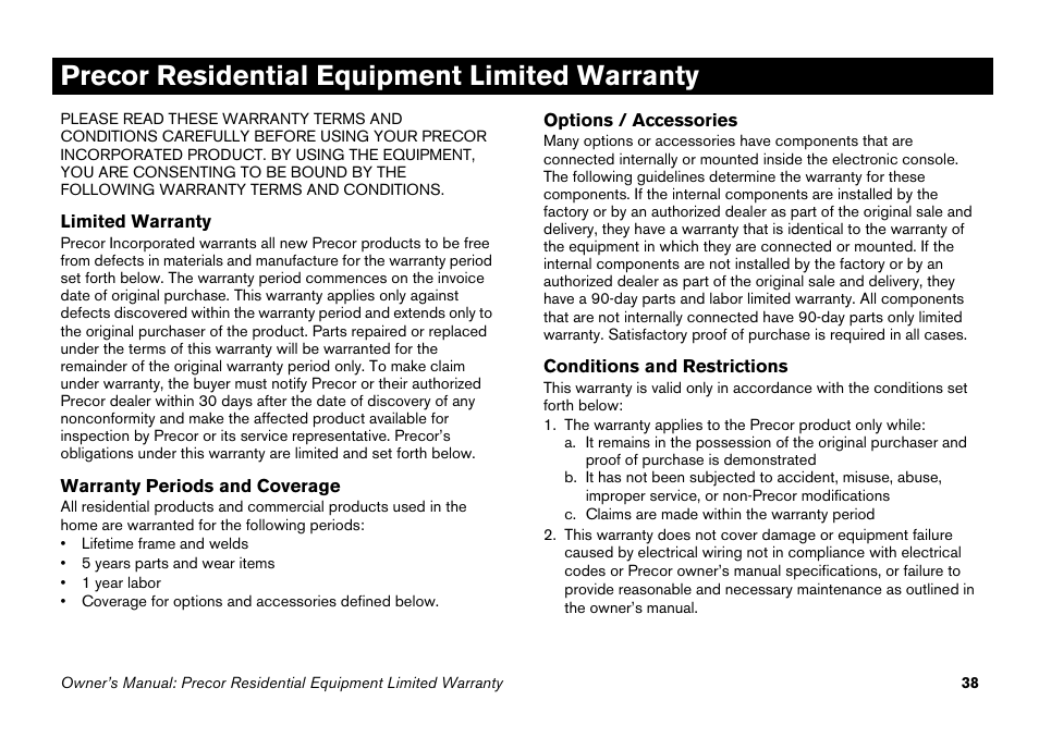 Precor residential equipment limited warranty | Precor EFX 5.23 User Manual | Page 54 / 60