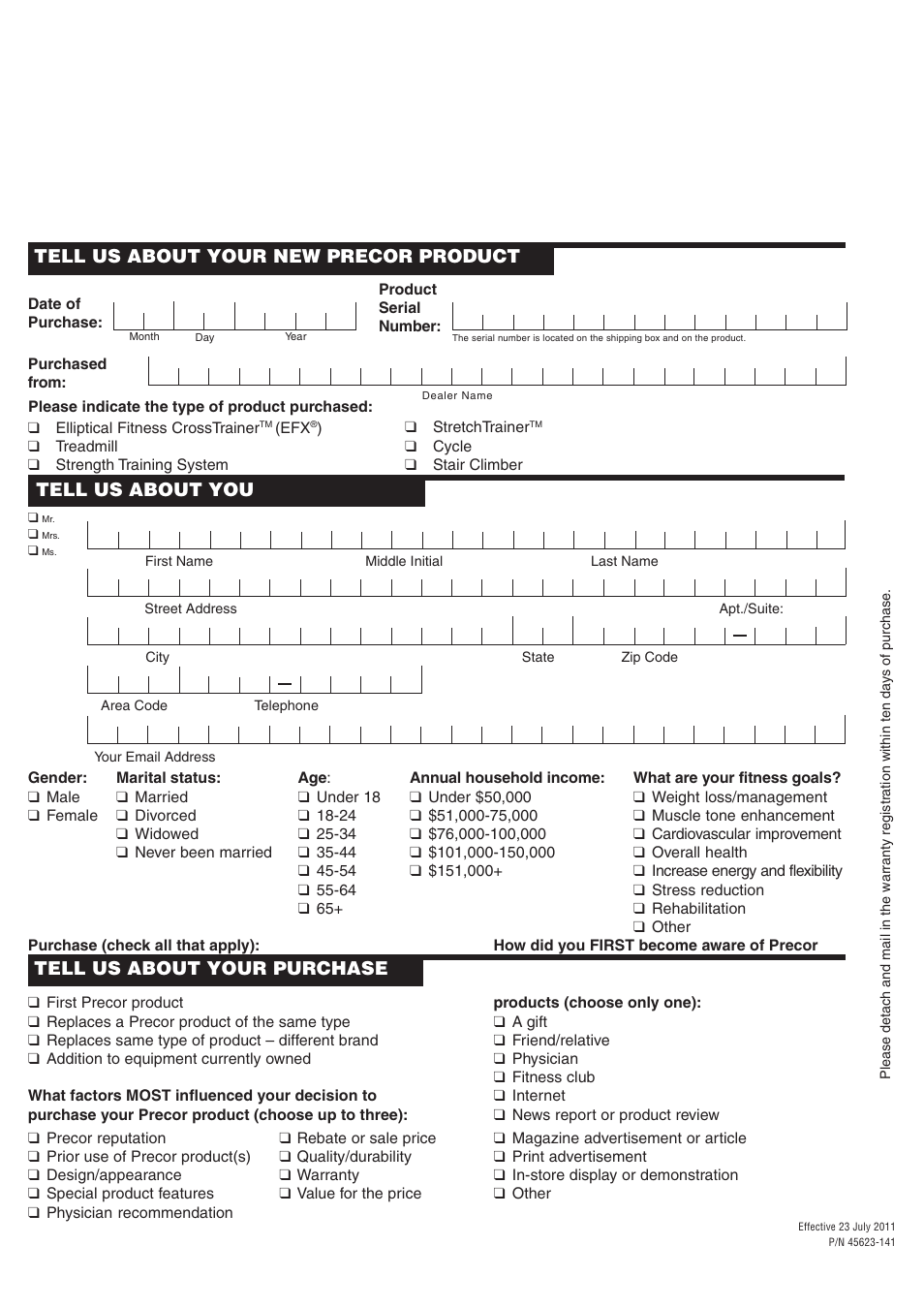 Precor product registration card | Precor EFX 5.23 User Manual | Page 57 / 60