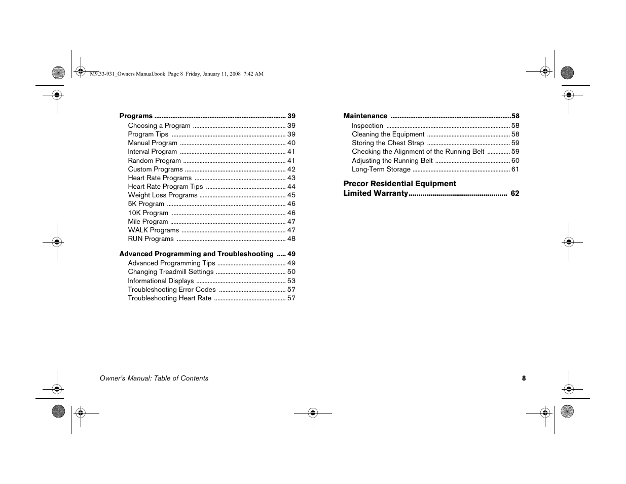 Precor LOW-IMPACT TREADMILLS 9.33 User Manual | Page 10 / 86