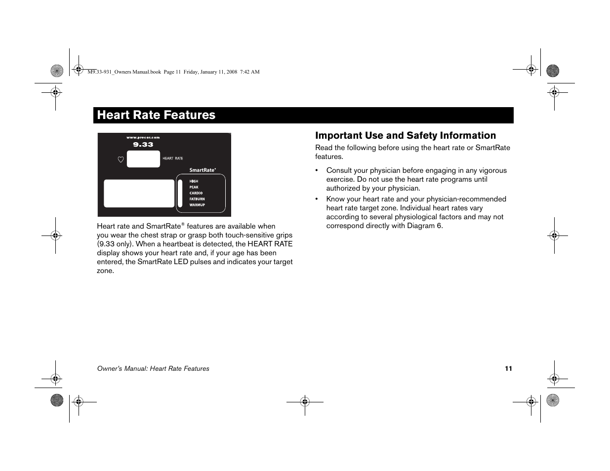 Heart rate features, Important use and safety information | Precor LOW-IMPACT TREADMILLS 9.33 User Manual | Page 13 / 86