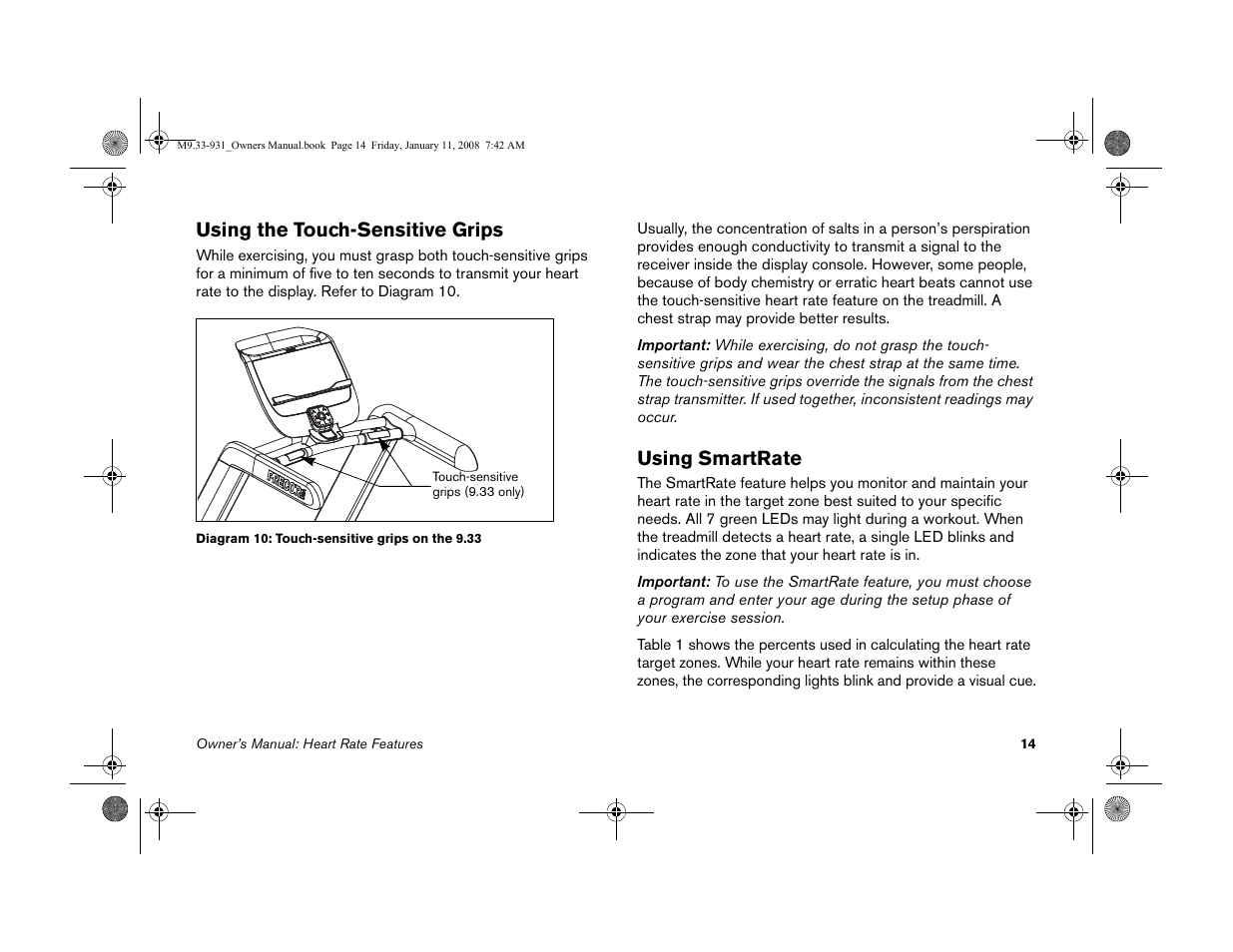 Using the touch-sensitive grips, Using smartrate, Using the touch-sensitive grips using smartrate | Precor LOW-IMPACT TREADMILLS 9.33 User Manual | Page 16 / 86