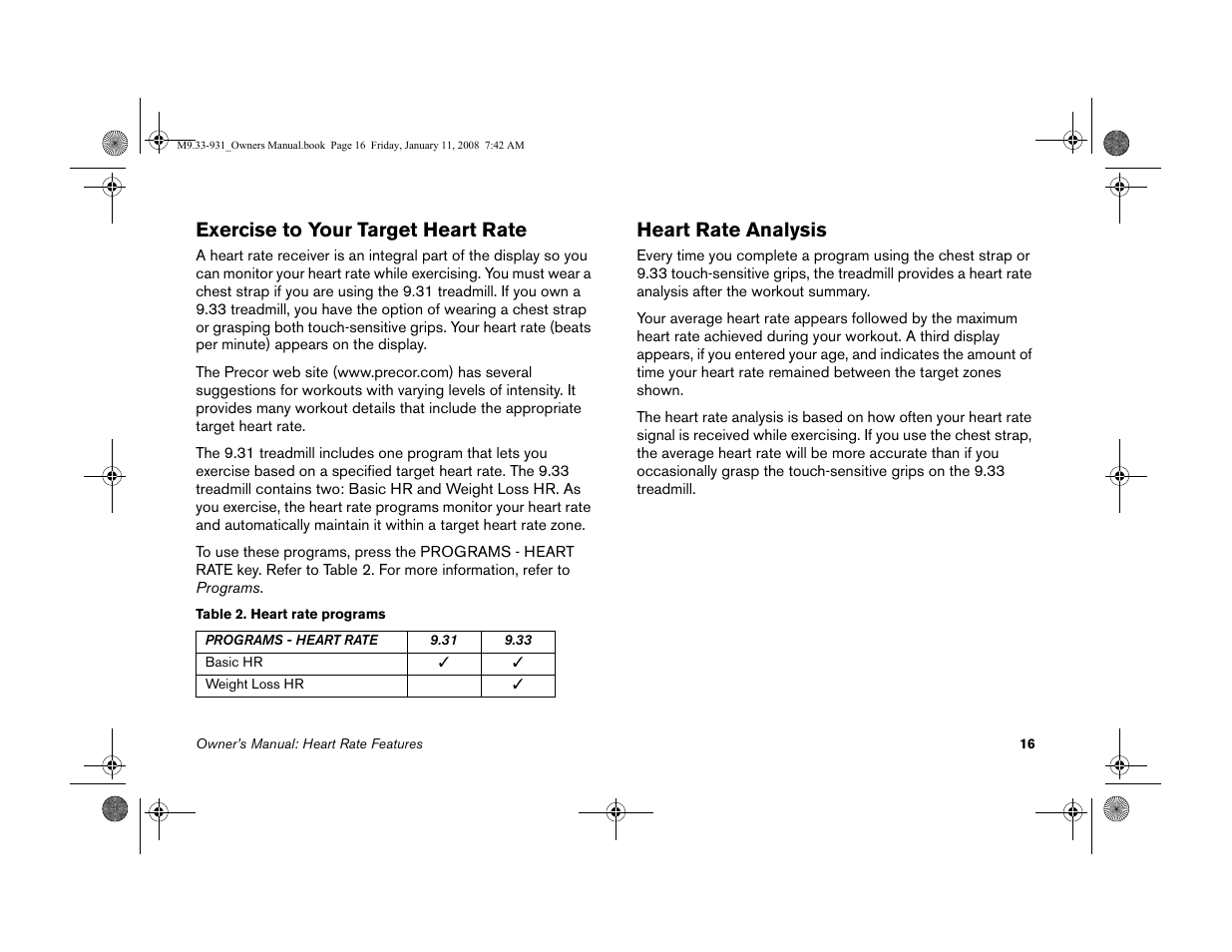 Exercise to your target heart rate, Heart rate analysis | Precor LOW-IMPACT TREADMILLS 9.33 User Manual | Page 18 / 86